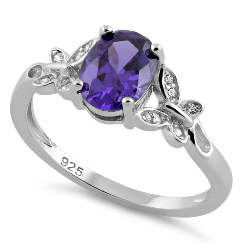 Sterling Silver Double Butterfly Amethyst Center Stone CZ Ring