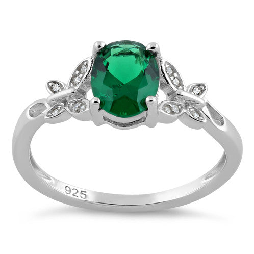 Sterling Silver Double Butterfly Emerald Center Stone CZ Ring