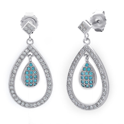 Sterling Silver Double Drop Blue Topaz CZ Dangle Earrings