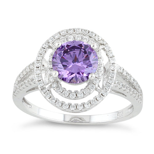 Sterling Silver Double Halo Round Amethyst CZ Ring