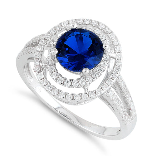 Sterling Silver Double Halo Round Blue Sapphire CZ Ring