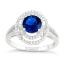 Sterling Silver Double Halo Round Blue Sapphire CZ Ring