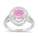 Sterling Silver Double Halo Round Pink CZ Ring