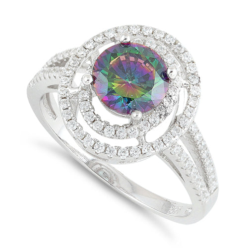 Sterling Silver Double Halo Round Rainbow Topaz CZ Ring