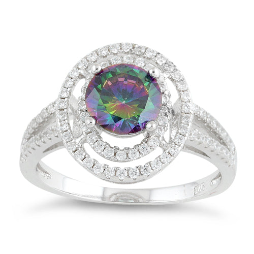 Sterling Silver Double Halo Round Rainbow Topaz CZ Ring