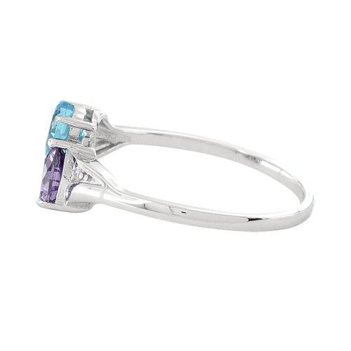 Sterling Silver Double Heart Amethyst & Aquamarine CZ Ring
