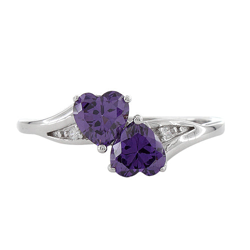 Sterling Silver Double Heart Amethyst CZ Ring