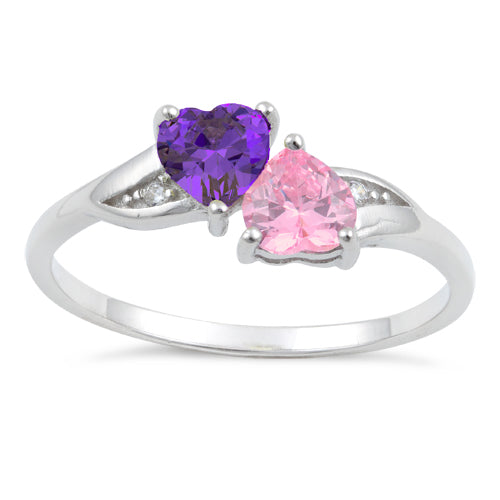 Sterling Silver Double Heart Amethyst & Pink CZ Ring