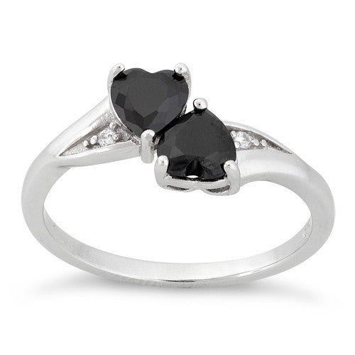 Sterling Silver Double Heart Black CZ Ring
