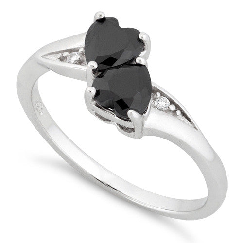 Sterling Silver Double Heart Black CZ Ring