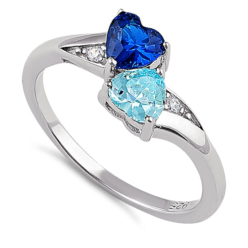 Sterling Silver Double Heart Blue Spinel & Aquamarine CZ Ring