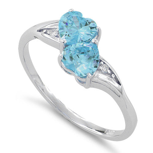Sterling Silver Double Heart Blue Topaz CZ Ring