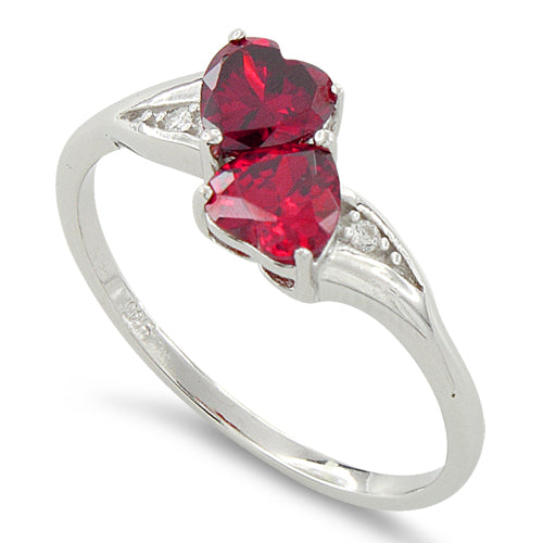 Sterling Silver Double Heart Dark Pink Topaz CZ Ring