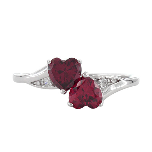 Sterling Silver Double Heart Dark Pink Topaz CZ Ring