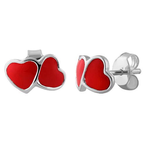 Sterling Silver Red Enamel Double Heart Earrings