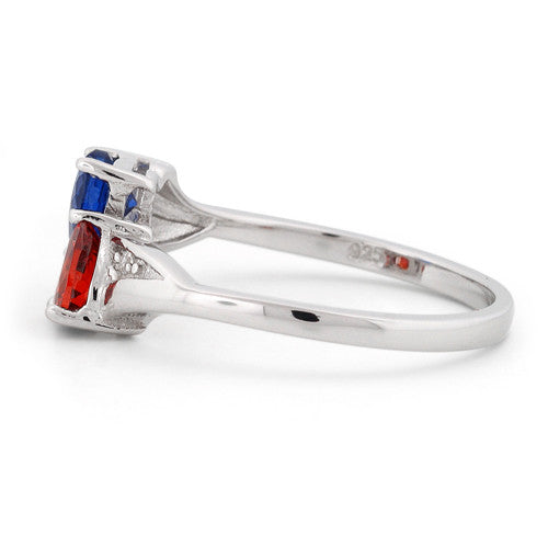 Sterling Silver Double Heart Garnet & Blue Spinnel CZ Ring