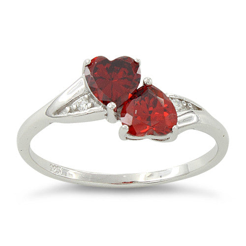 Sterling Silver Double Heart Garnet CZ Ring