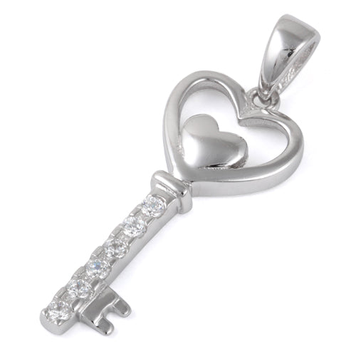 Sterling Silver Double Heart Key CZ Pendant