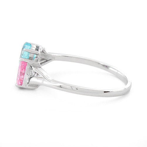 Sterling Silver Double Heart Pink & Aquamarine CZ Ring