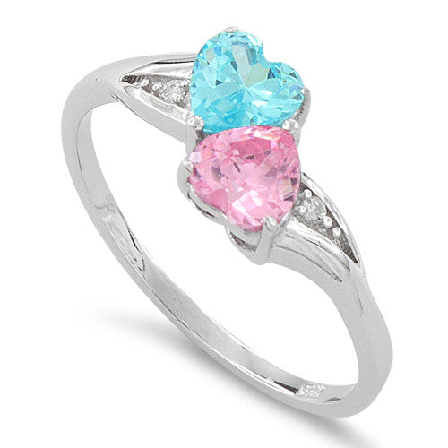 Sterling Silver Double Heart Pink & Blue Topaz CZ Ring