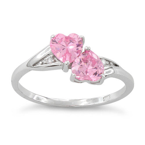 Sterling Silver Double Heart Pink CZ Ring