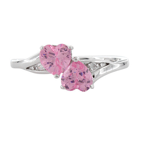 Sterling Silver Double Heart Pink CZ Ring