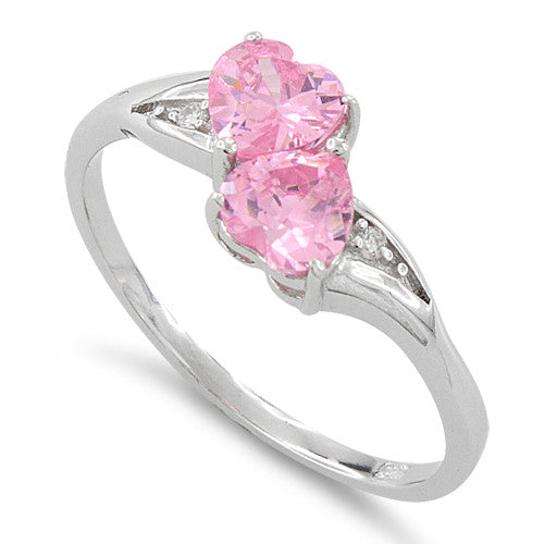 Sterling Silver Double Heart Pink CZ Ring