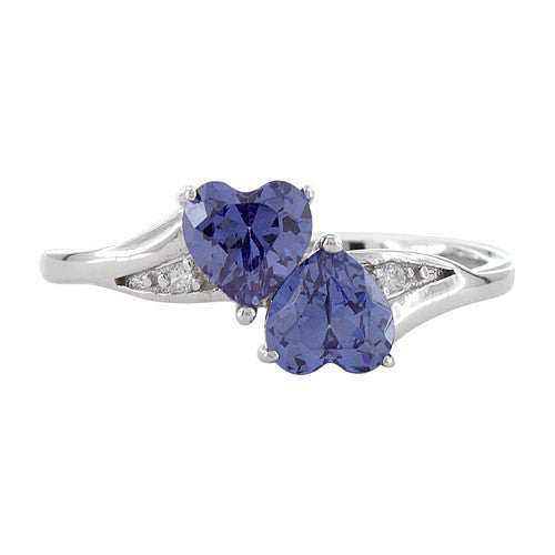 Sterling Silver Double Heart Tanzanite CZ Ring