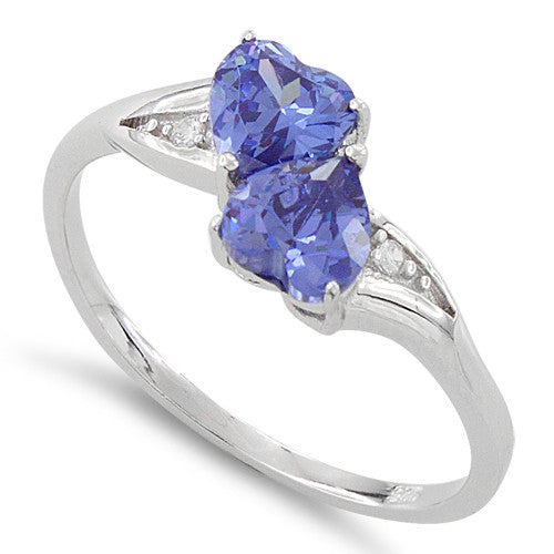 Sterling Silver Double Heart Tanzanite CZ Ring