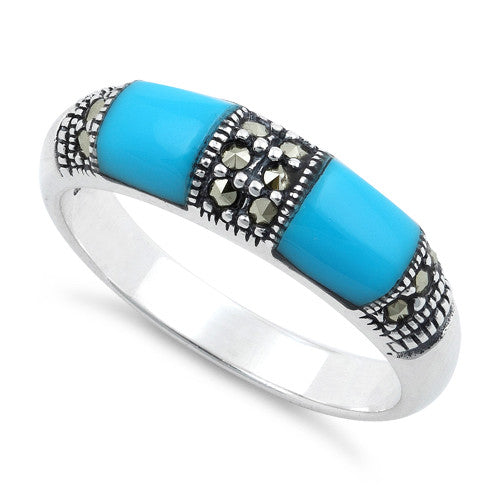 Sterling Silver Double Simulated Turquoise  Onyx Marcasite Ring