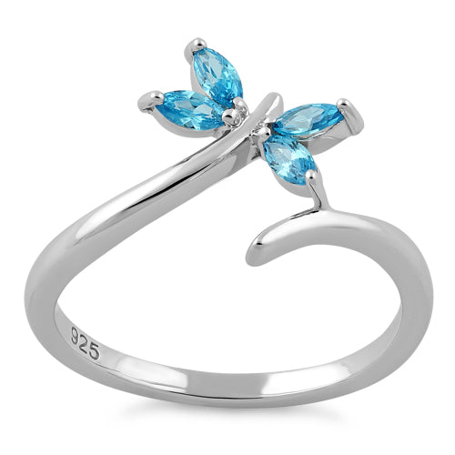 Sterling Silver Dragonfly Aqua Blue CZ Ring