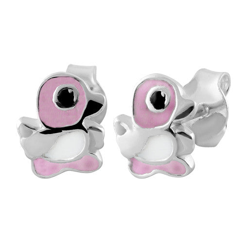 Sterling Silver Pink Enamel Duck Earrings