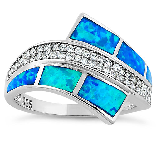 Sterling Silver Elegant Blue Lab Opal & Clear CZ Ring