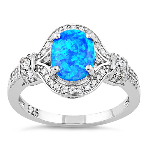 Sterling Silver Elegant Blue Oval Lab Opal CZ Ring