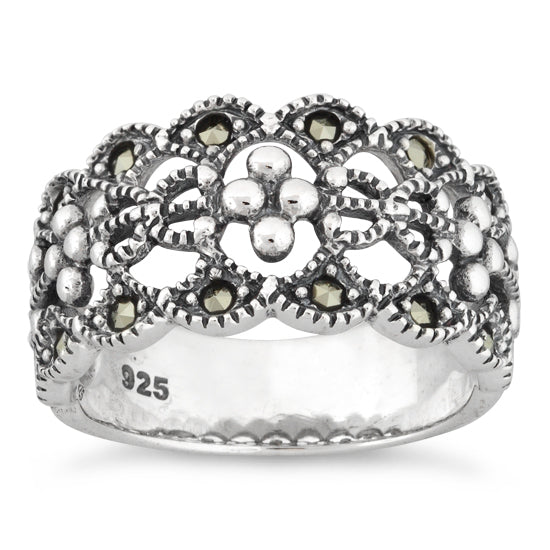 Sterling Silver Elegant Flower Marcasite Ring