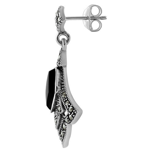 Sterling Silver Elegant Kite Drop Black Onyx Marcasite Earrings
