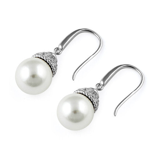 Sterling Silver Elegant Synthetic Pearl & Clear CZ Hook Earrings