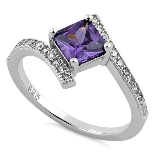 Sterling Silver Elegant Princess Cut Amethyst CZ Ring