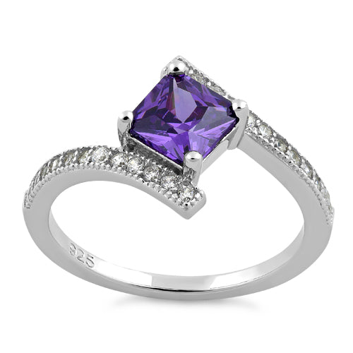 Sterling Silver Elegant Princess Cut Amethyst CZ Ring