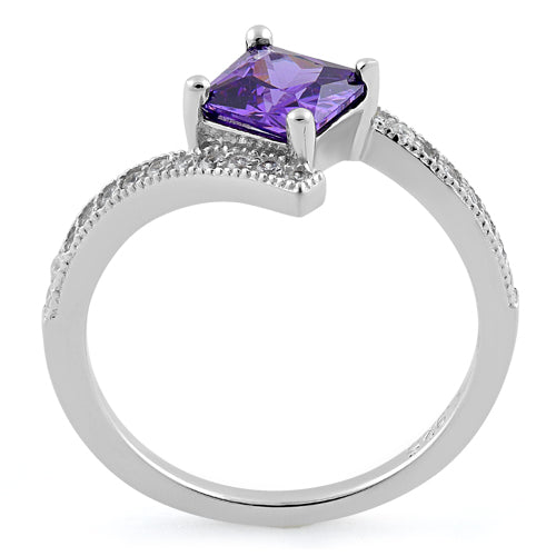 Sterling Silver Elegant Princess Cut Amethyst CZ Ring