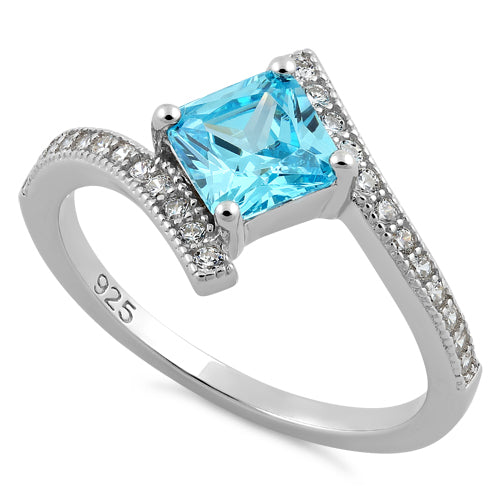 Sterling Silver Elegant Princess Cut Aqua Blue CZ Ring