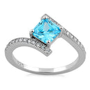 Sterling Silver Elegant Princess Cut Aqua Blue CZ Ring