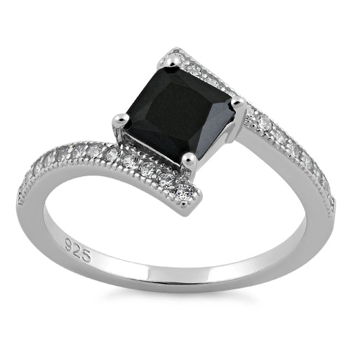 Sterling Silver Elegant Princess Cut Black CZ Ring