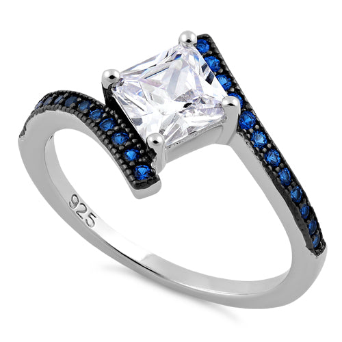 Sterling Silver Elegant Princess Cut Blue Spinel Clear CZ Ring