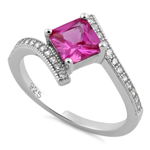 Sterling Silver Elegant Princess Cut Pink CZ Ring