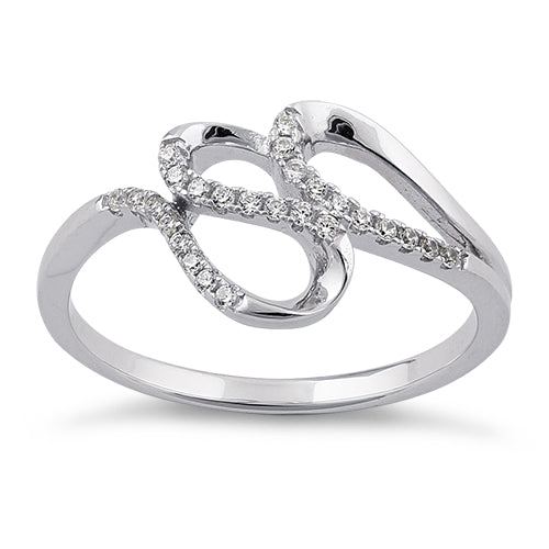 Sterling Silver Elegant Wave Round Clear CZ Ring