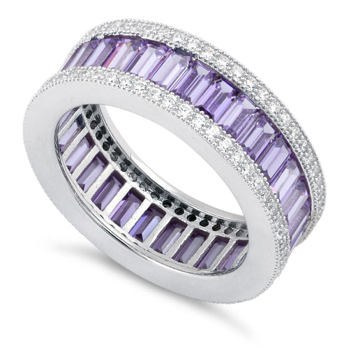 Sterling Silver Emerald Cut Eternity Pave Amethyst CZ Ring