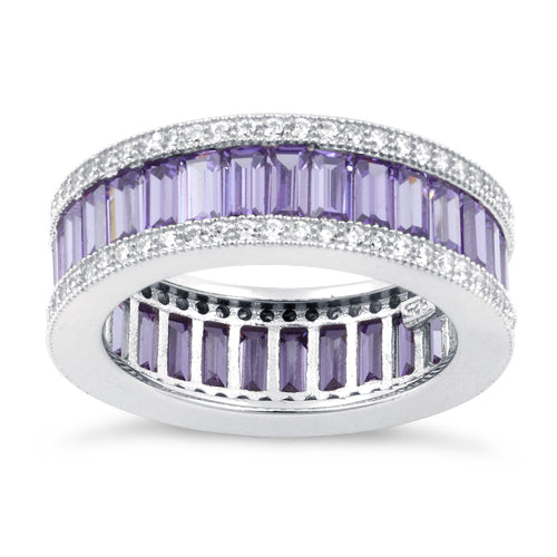 Sterling Silver Emerald Cut Eternity Pave Amethyst CZ Ring