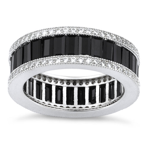 Sterling Silver Emerald Cut Eternity Pave Black CZ Ring