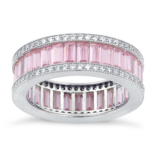 Sterling Silver Emerald Cut Eternity Pave Pink CZ Ring